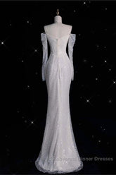 Unique Mermaid Off The Shoulder Long Sleeves Wedding Dresses Sequin Brides Dress